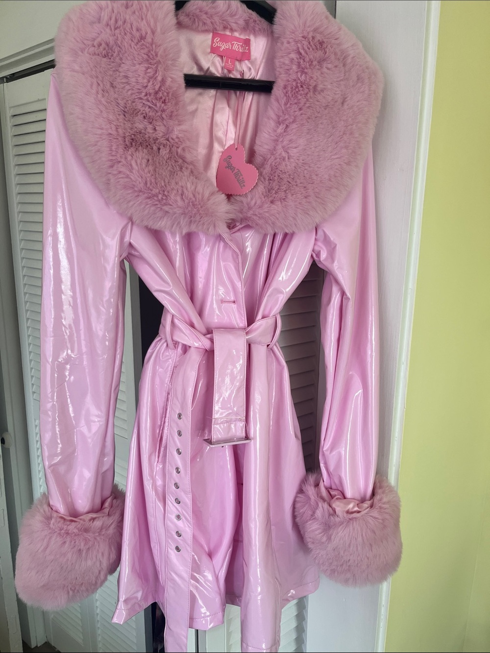 Sugar Thrillz Pastel Pink Vinyl Trench Coat with Faux-Fur Trim